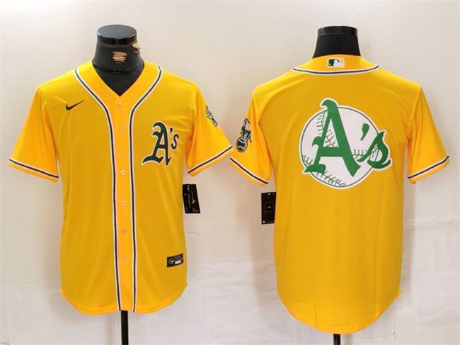 Men's Oakland Athletics Yellow Team Big Logo Cool Base Stitched Baseball Jersey Men's Oakland Athletics Yellow Team Big Logo Cool Base Stitched Baseball Jersey